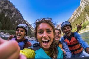 A close - up shot of a group of friends engaged in kayaking or rafting on a fast - flowing river with rocky cliffs in the background. Generative AI photo