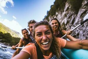 A close - up shot of a group of friends engaged in kayaking or rafting on a fast - flowing river with rocky cliffs in the background. Generative AI photo