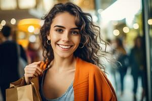 A close - up shot of a lively and animated woman who is brimming with excitement after a satisfying shopping. Generative AI photo
