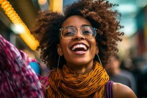 A close - up shot of a lively and animated woman who is brimming with excitement after a satisfying shopping. Generative AI photo