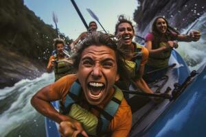 un cerca - arriba Disparo de un grupo de amigos comprometido en kayak o canotaje en un rápido - fluido río con rocoso acantilados en el antecedentes. generativo ai foto