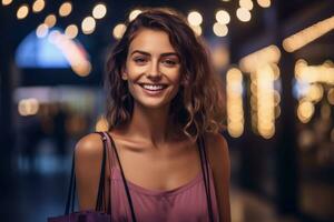 A close - up shot of a lively and animated woman who is brimming with excitement after a satisfying shopping. Generative AI photo