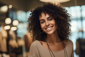 A close - up shot of a lively and animated woman who is brimming with excitement after a satisfying shopping. Generative AI photo