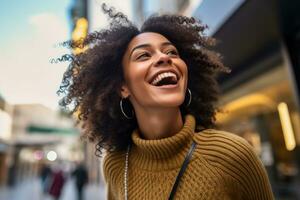 A close - up shot of a lively and animated woman who is brimming with excitement after a satisfying shopping. Generative AI photo