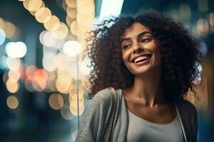A close - up shot of a lively and animated woman who is brimming with excitement after a satisfying shopping. Generative AI photo