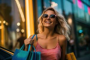 A close - up shot of a lively and animated woman who is brimming with excitement after a satisfying shopping. Generative AI photo