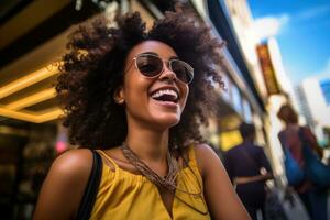 A close - up shot of a lively and animated woman who is brimming with excitement after a satisfying shopping. Generative AI photo