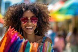 A close - up shot of a lively and animated woman who is brimming with excitement after a satisfying shopping. Generative AI photo