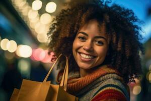 A close - up shot of a lively and animated woman who is brimming with excitement after a satisfying shopping. Generative AI photo