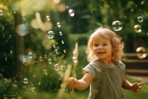 A close - up shot of a joyful child blowing bubbles in a vibrant garden. Generative AI photo