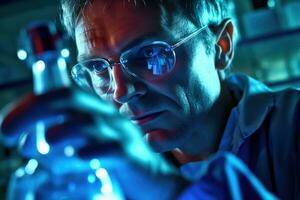 un cerca - arriba Disparo de un científico en un laboratorio, vistiendo protector gafas de protección y examinando un prueba tubo. generativo ai foto
