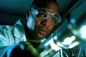 A close - up shot of a scientist in a laboratory, wearing protective goggles and examining a test tube. Generative AI photo