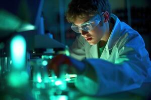 A close - up shot of a scientist in a laboratory, wearing protective goggles and examining a test tube. Generative AI photo