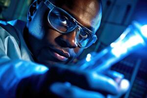 A close - up shot of a scientist in a laboratory, wearing protective goggles and examining a test tube. Generative AI photo