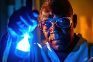 A close - up shot of a scientist in a laboratory, wearing protective goggles and examining a test tube. Generative AI photo