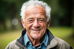 A close - up shot of a senior man enjoying a leisurely walk in a scenic park, representing active aging and healthy lifestyle. Generative AI photo