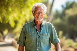 A close - up shot of a senior man enjoying a leisurely walk in a scenic park, representing active aging and healthy lifestyle. Generative AI photo