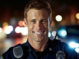 A close - up shot of a smiling Caucasian male police officer, standing confidently with a police car flashing lights in the background. Generative AI photo