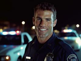 A close - up shot of a smiling Caucasian male police officer, standing confidently with a police car flashing lights in the background. Generative AI photo