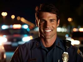 A close - up shot of a smiling Caucasian male police officer, standing confidently with a police car flashing lights in the background. Generative AI photo