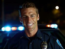 A close - up shot of a smiling Caucasian male police officer, standing confidently with a police car flashing lights in the background. Generative AI photo