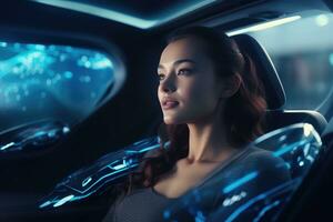 A close - up shot of a woman sitting inside a cutting - edge autonomous vehicle. Generative AI photo