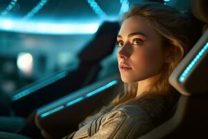 A close - up shot of a woman sitting inside a cutting - edge autonomous vehicle. Generative AI photo