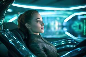 A close - up shot of a woman sitting inside a cutting - edge autonomous vehicle. Generative AI photo