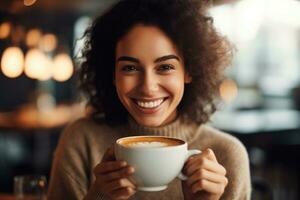 un joven mujer disfrutando un taza de café a un de moda cafetería. generativo ai foto