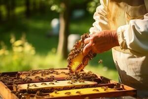 A close - up shot of a beekeeper tending to his beehives in a peaceful forest. Generative AI photo