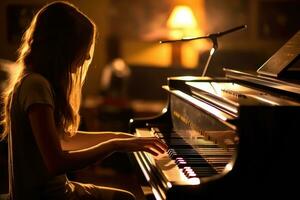 un cerca - arriba Disparo de un mujer jugando el piano en un tenuemente iluminado música estudio. generativo ai foto