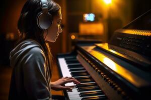 A close - up shot of a woman playing the piano in a dimly lit music studio. Generative AI photo