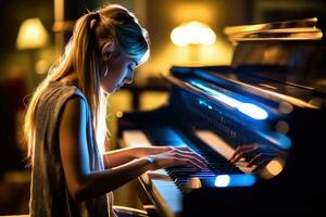A close - up shot of a woman playing the piano in a dimly lit music studio. Generative AI photo