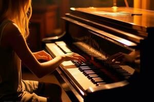 A close - up shot of a woman playing the piano in a dimly lit music studio. Generative AI photo