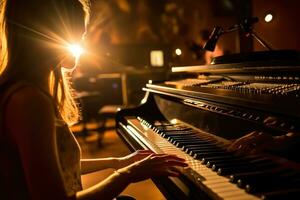 un cerca - arriba Disparo de un mujer jugando el piano en un tenuemente iluminado música estudio. generativo ai foto