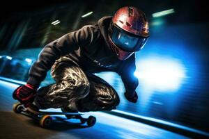 Close-up shot of young man in protective gear skateboarding at a skate park. Productive AI photo