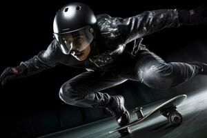 Close-up shot of young man in protective gear skateboarding at a skate park. Productive AI photo