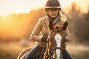 A close - up shot of a young woman horse riding in the enchanting golden hour of sunset. Generative AI photo