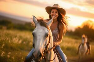 un cerca - arriba Disparo de un joven mujer caballo montando en el encantador dorado hora de puesta de sol. generativo ai foto
