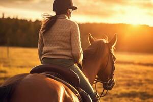 un cerca - arriba Disparo de un joven mujer caballo montando en el encantador dorado hora de puesta de sol. generativo ai foto