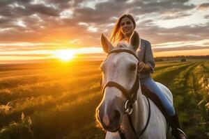 un cerca - arriba Disparo de un joven mujer caballo montando en el encantador dorado hora de puesta de sol. generativo ai foto