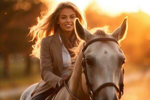 A close - up shot of a young woman horse riding in the enchanting golden hour of sunset. Generative AI photo