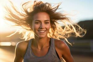 A close - up shot of a young woman running outdoors on a sunny day. Generative AI photo