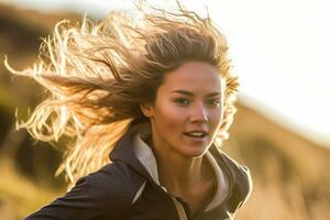 A close - up shot of a young woman running outdoors on a sunny day. Generative AI photo