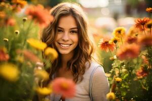A close - up shot of a young woman smiling and holding a bouquet of vibrant flowers in a botanical garden. Generative AI photo