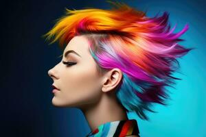 A close - up shot of a young woman with a vibrant and colorful hairstyle, showcasing individuality and creativity. Generative AI photo