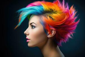 A close - up shot of a young woman with a vibrant and colorful hairstyle, showcasing individuality and creativity. Generative AI photo