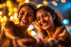 A close - up shot of two teenage girls joyfully dancing in front of a tripod - mounted phone camera. Generative AI photo