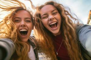 un cerca - arriba Disparo de dos Adolescente muchachas alegremente bailando en frente de un trípode - montado teléfono cámara. generativo ai foto