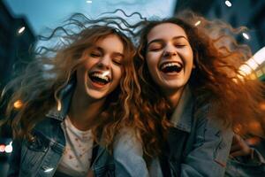 A close - up shot of two teenage girls joyfully dancing in front of a tripod - mounted phone camera. Generative AI photo